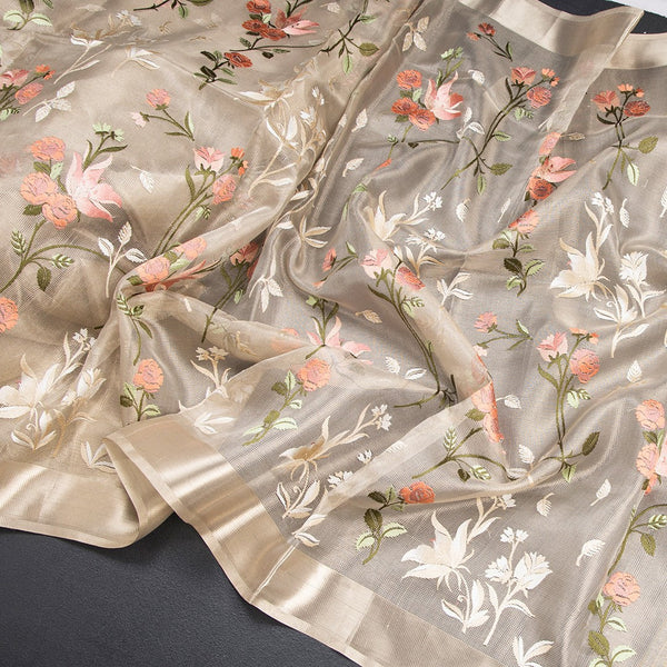 Tissue Kota Cream Thread Work Saree With Zari Border 04