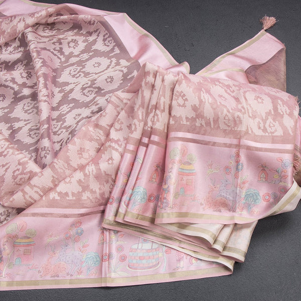 Kora Light Pink Thread Work Saree With Printed Border