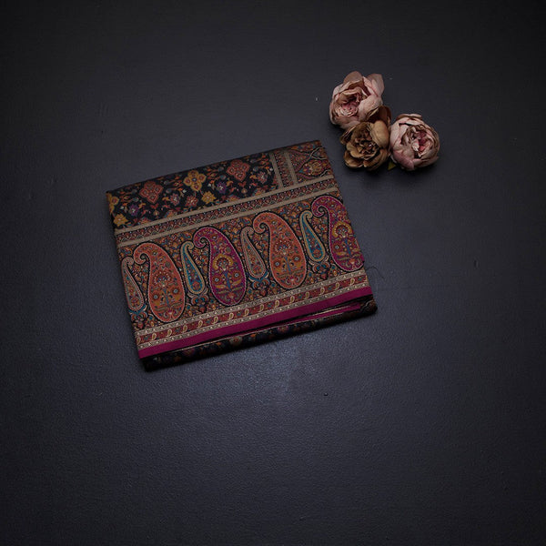 Raw Silk Black Floral Printed Saree With Paisley Border