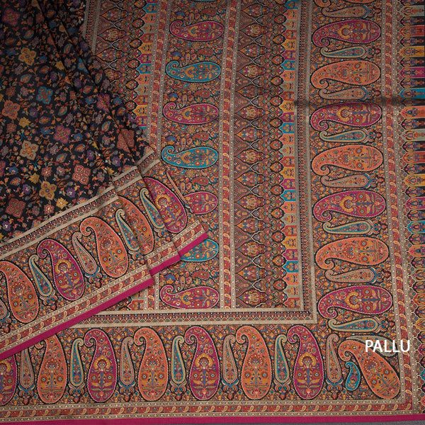 Raw Silk Black Floral Printed Saree With Paisley Border