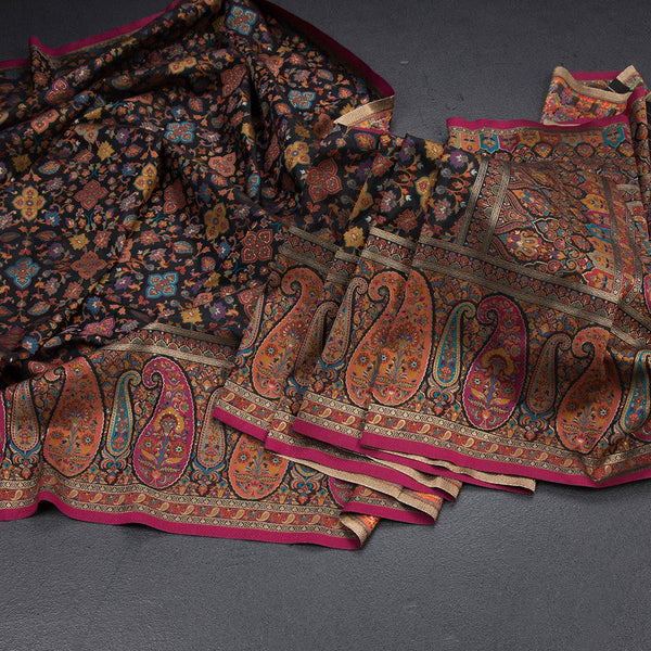 Raw Silk Black Floral Printed Saree With Paisley Border