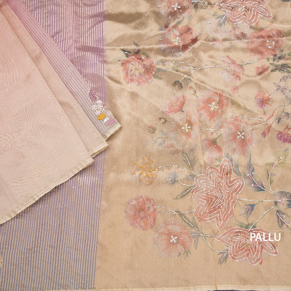 Organza Multi Colour Zari Stripes With Thread Work Saree 03