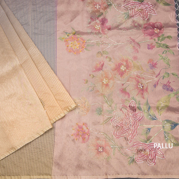 Organza Multi Colour Zari Stripes With Thread Work Saree 04