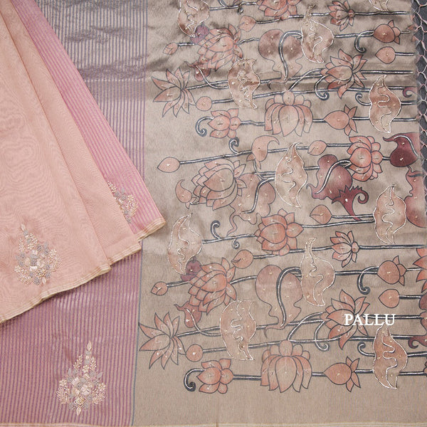 Organza Multi Colour Zari Stripes With Thread Work Saree 05