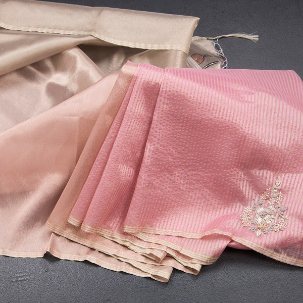 Organza Multi Colour Zari Stripes With Thread Work Saree 05