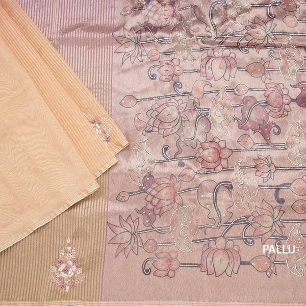 Organza Multi Colour Zari Stripes With Thread Work Saree 06