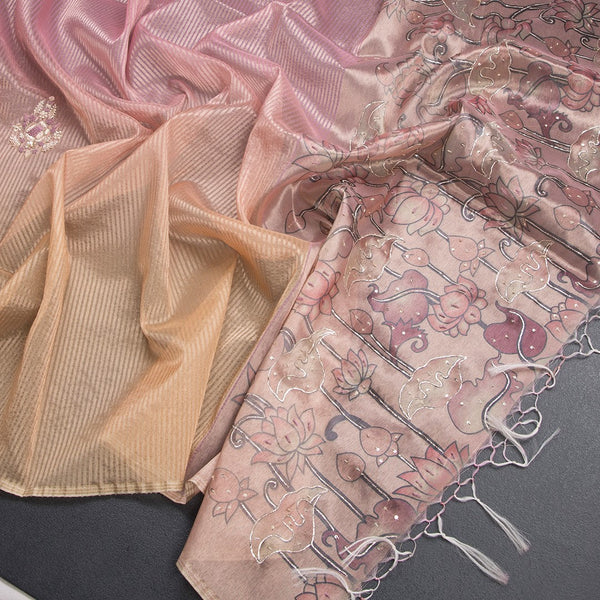 Organza Multi Colour Zari Stripes With Thread Work Saree 06