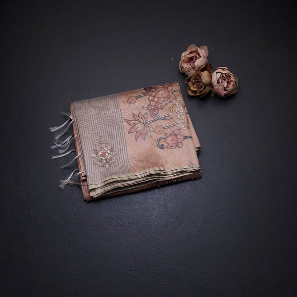 Organza Multi Colour Zari Stripes With Thread Work Saree 07