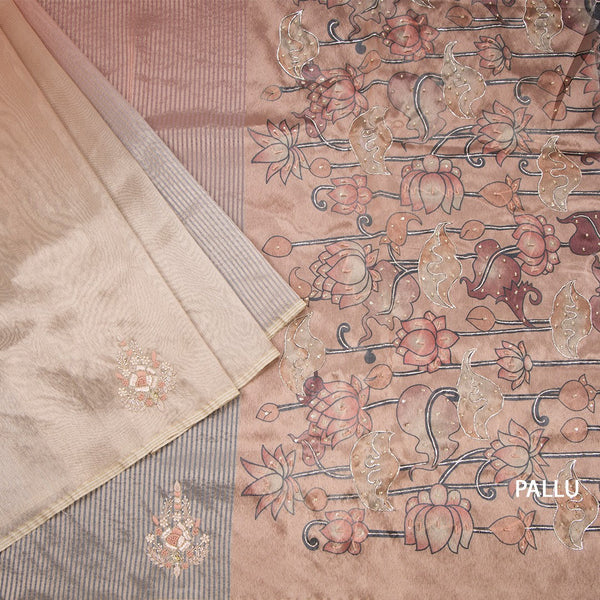 Organza Multi Colour Zari Stripes With Thread Work Saree 07