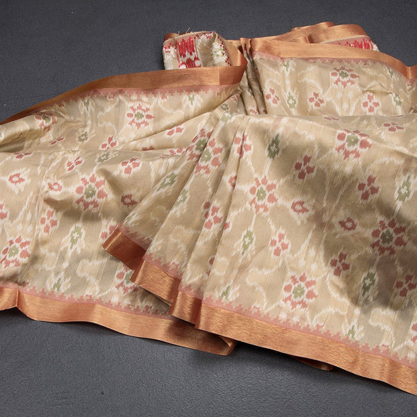 Raw Silk Cream Floral Printed Saree