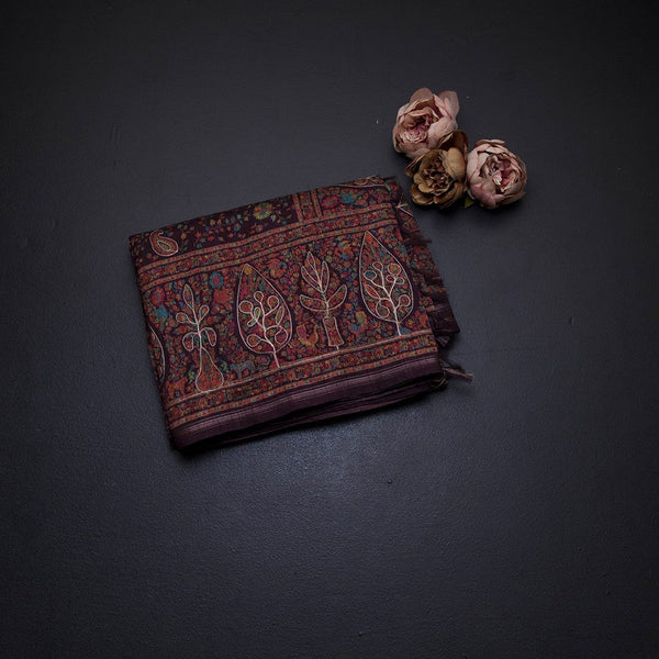 Raw Silk Dark Maroon Floral Printed Saree