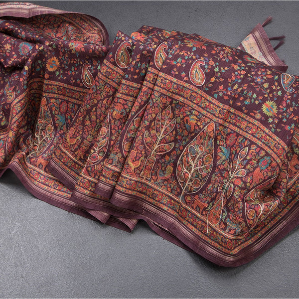 Raw Silk Dark Maroon Floral Printed Saree