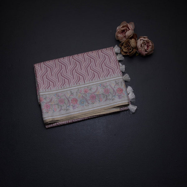 Raw Silk Onion Pink Printed Saree With Floral Border