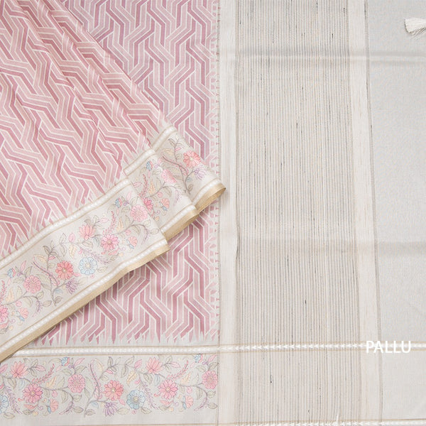 Raw Silk Onion Pink Printed Saree With Floral Border