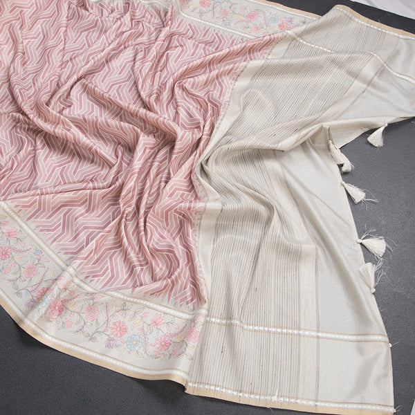 Raw Silk Onion Pink Printed Saree With Floral Border