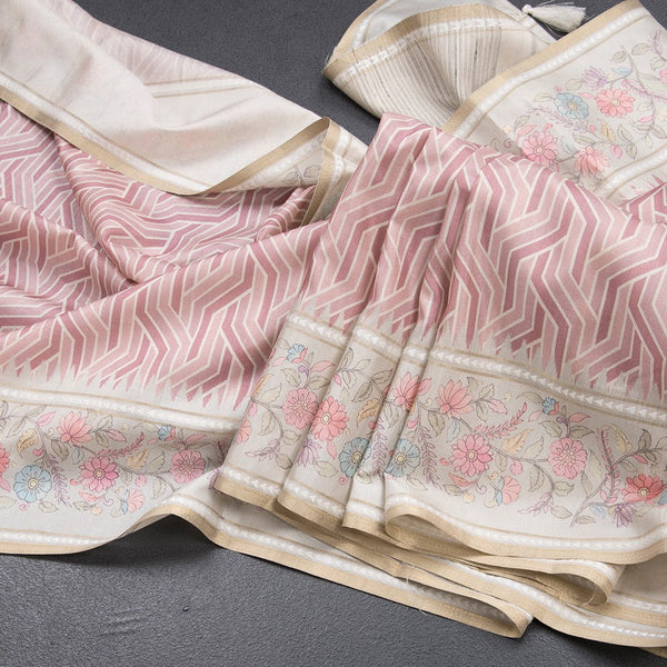 Raw Silk Onion Pink Printed Saree With Floral Border