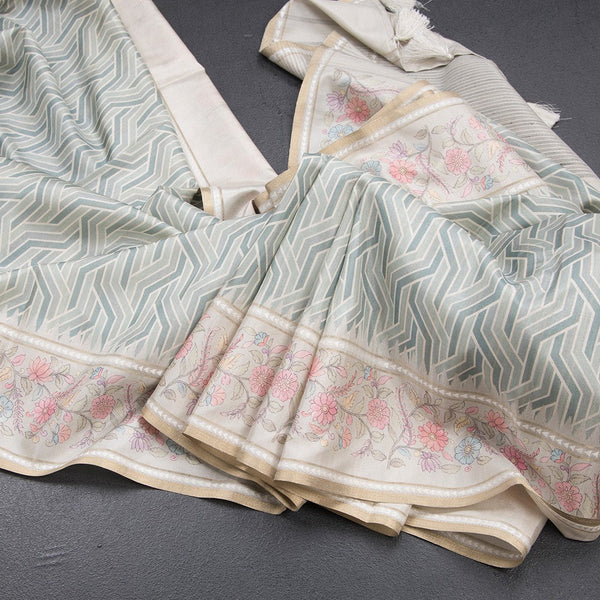 Raw Silk Green Printed Saree With Floral Border