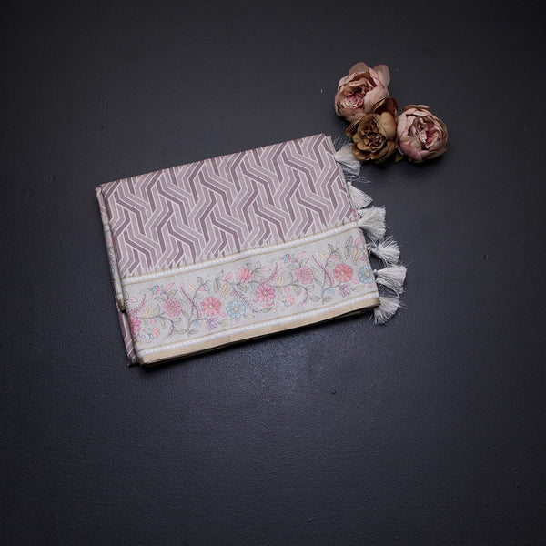 Raw Silk Light Brown Printed Saree With Floral Border - Kumaran Silks