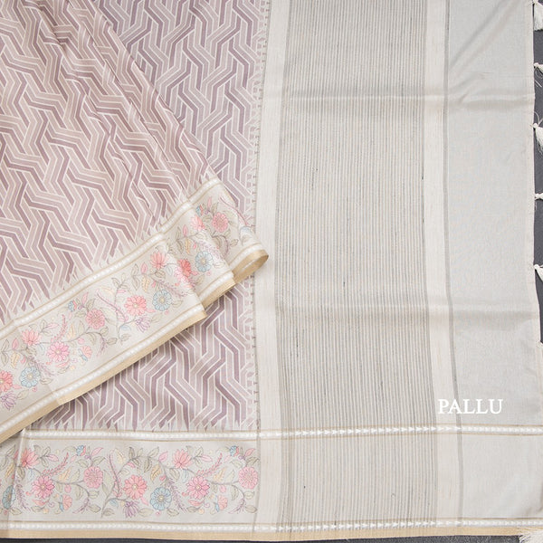 Raw Silk Light Brown Printed Saree With Floral Border - Kumaran Silks