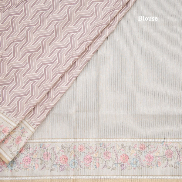 Raw Silk Light Brown Printed Saree With Floral Border - Kumaran Silks