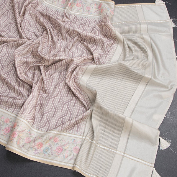 Raw Silk Light Brown Printed Saree With Floral Border - Kumaran Silks