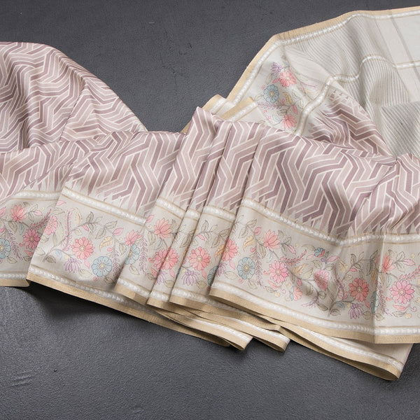 Raw Silk Light Brown Printed Saree With Floral Border - Kumaran Silks