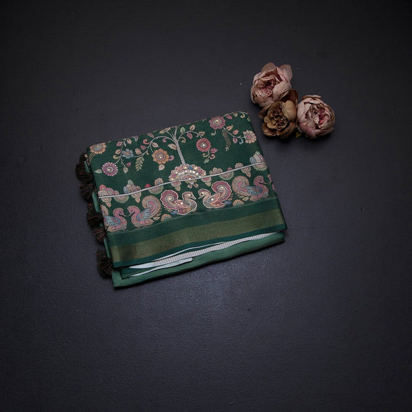 Raw Silk Green Printed Saree With Zari Border