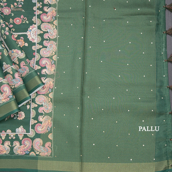 Raw Silk Green Printed Saree With Zari Border