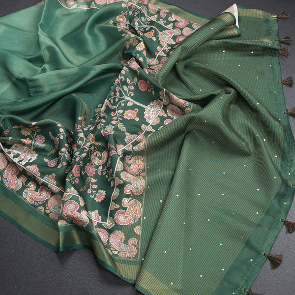 Raw Silk Green Printed Saree With Zari Border