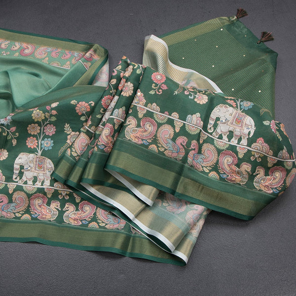 Raw Silk Green Printed Saree With Zari Border