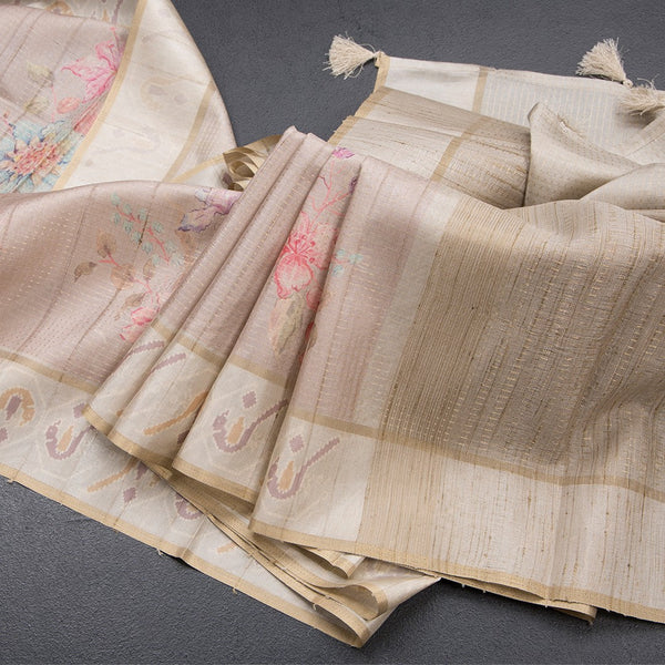 Raw Silk Light Brown Printed With Zari Work Saree