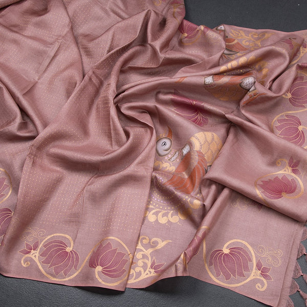 Pure Tussar Onion Pink Zari With Painting Work Saree