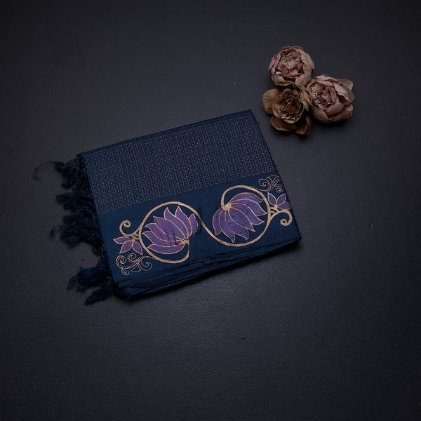 Pure Tussar Navy Blue Zari With Painting Work Saree