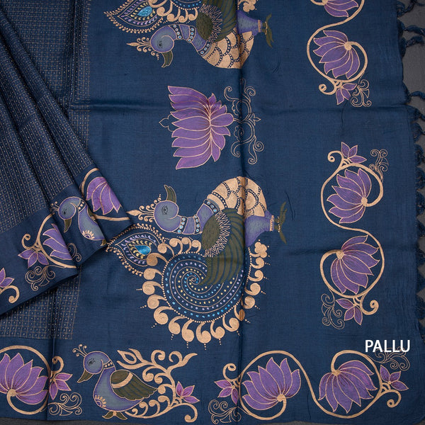 Pure Tussar Navy Blue Zari With Painting Work Saree