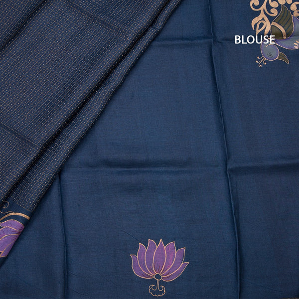 Pure Tussar Navy Blue Zari With Painting Work Saree