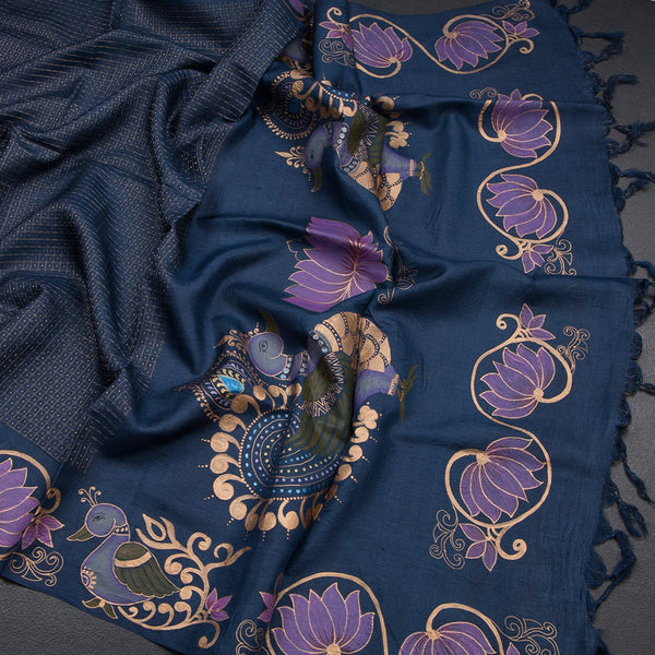 Pure Tussar Navy Blue Zari With Painting Work Saree