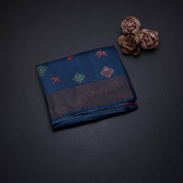 Pure Tussar Navy Blue Printed Saree