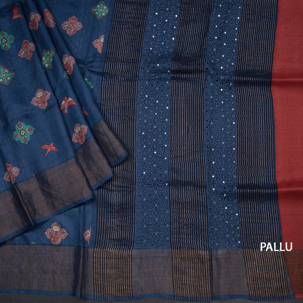 Pure Tussar Navy Blue Printed Saree