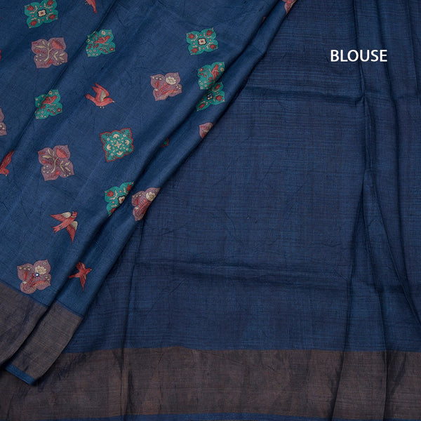 Pure Tussar Navy Blue Printed Saree
