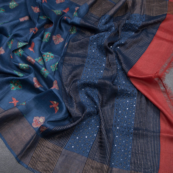 Pure Tussar Navy Blue Printed Saree