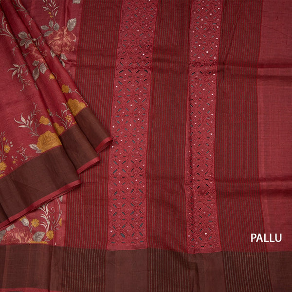 Pure Tussar Maroon Floral Printed Saree 03