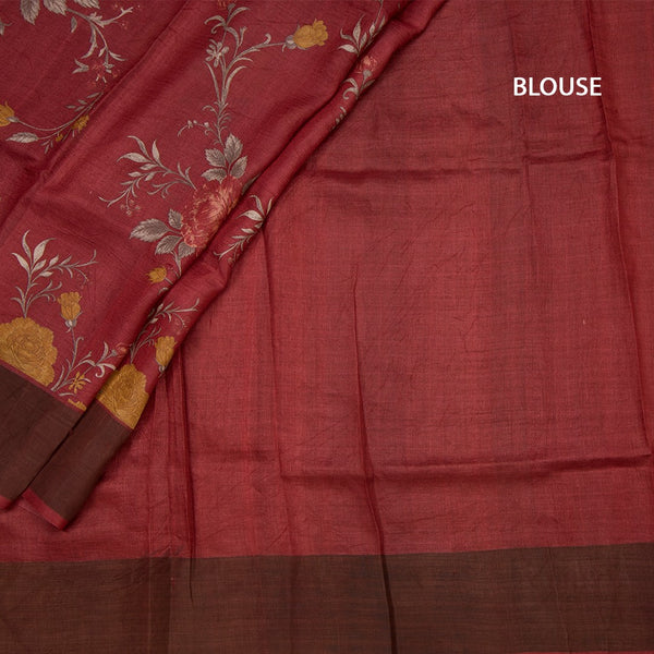Pure Tussar Maroon Floral Printed Saree 03