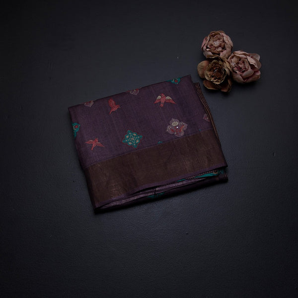 Pure Tussar Dark Purple Printed Saree