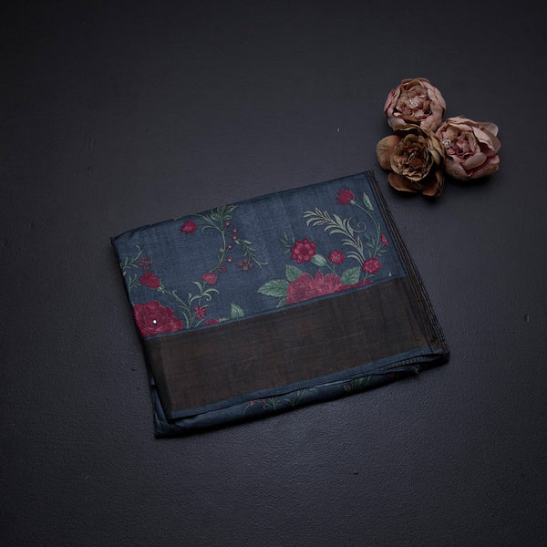 Pure Tussar Dark Grey Floral Printed Saree