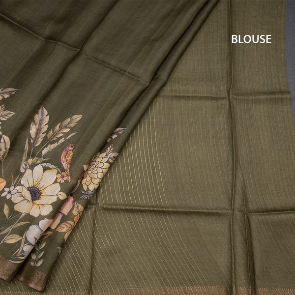 Pure Tussar Olive Green Floral Printed Saree With Zari Border