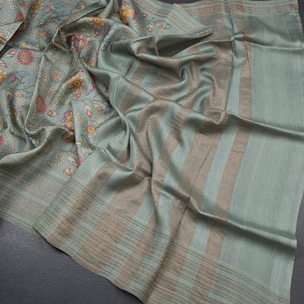Pure Tussar Sage Green Floral Printed Saree With Zari Border