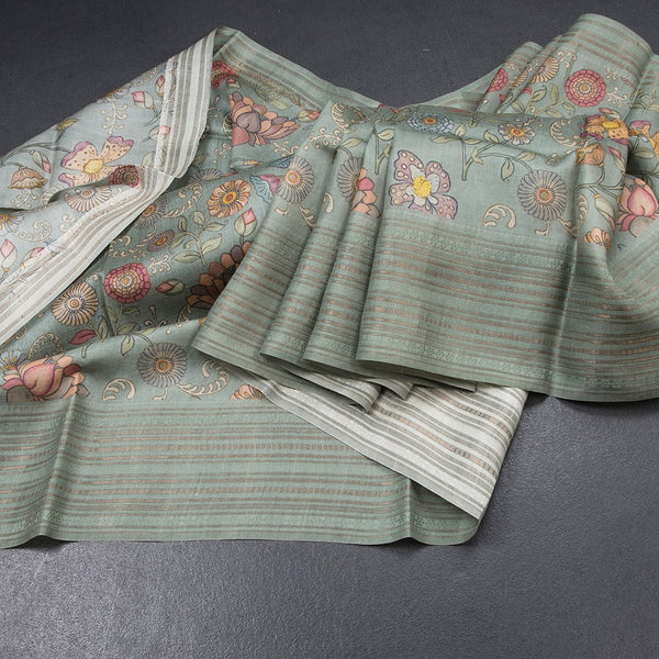 Pure Tussar Sage Green Floral Printed Saree With Zari Border