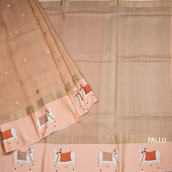 Pure Tussar Brownish Pink Saree With Zari Buttas And Printed Border