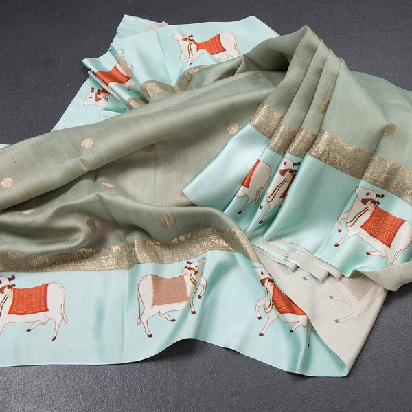 Pure Tussar Light Pista Green Saree With Zari Buttas And Printed Border