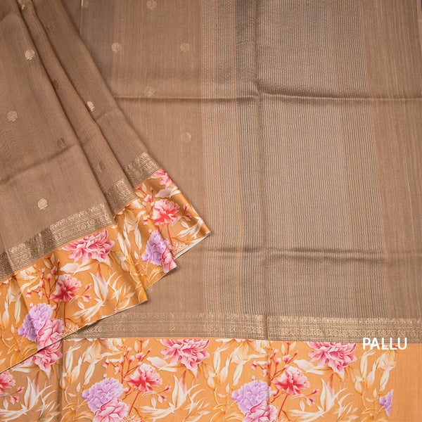 Pure Tussar Coffee Brown Saree With Zari Buttas And Printed Border